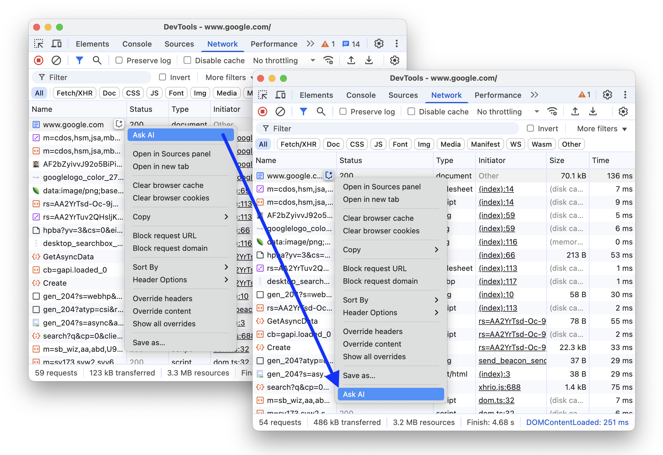 L&#39;immagine prima e dopo lo spostamento dell&#39;opzione &quot;Chiedi all&#39;IA&quot; nella parte inferiore del menu a discesa.