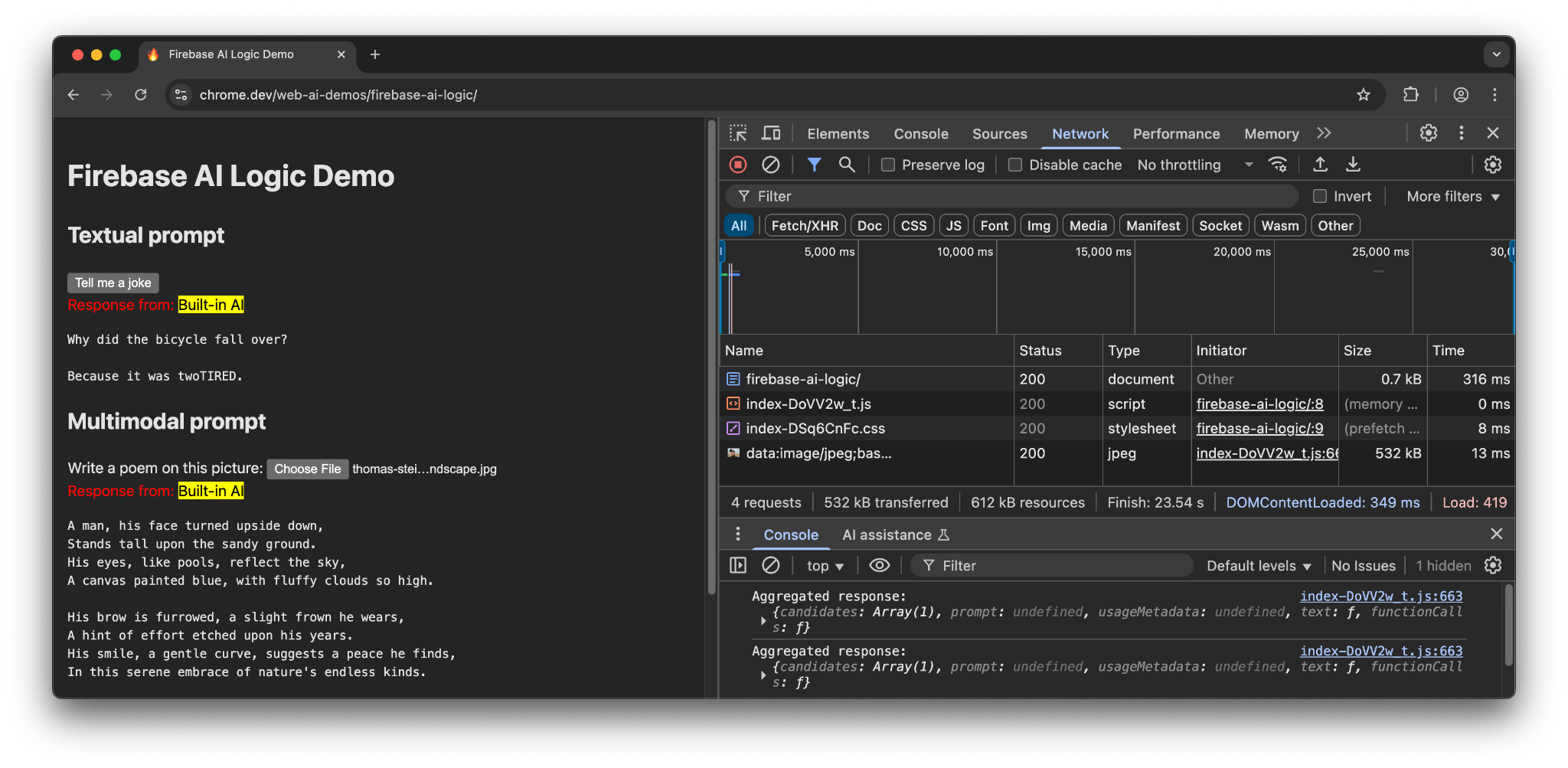 Firebase-KI-Logik, die in Chrome mit den integrierten KI-APIs ausgeführt wird.