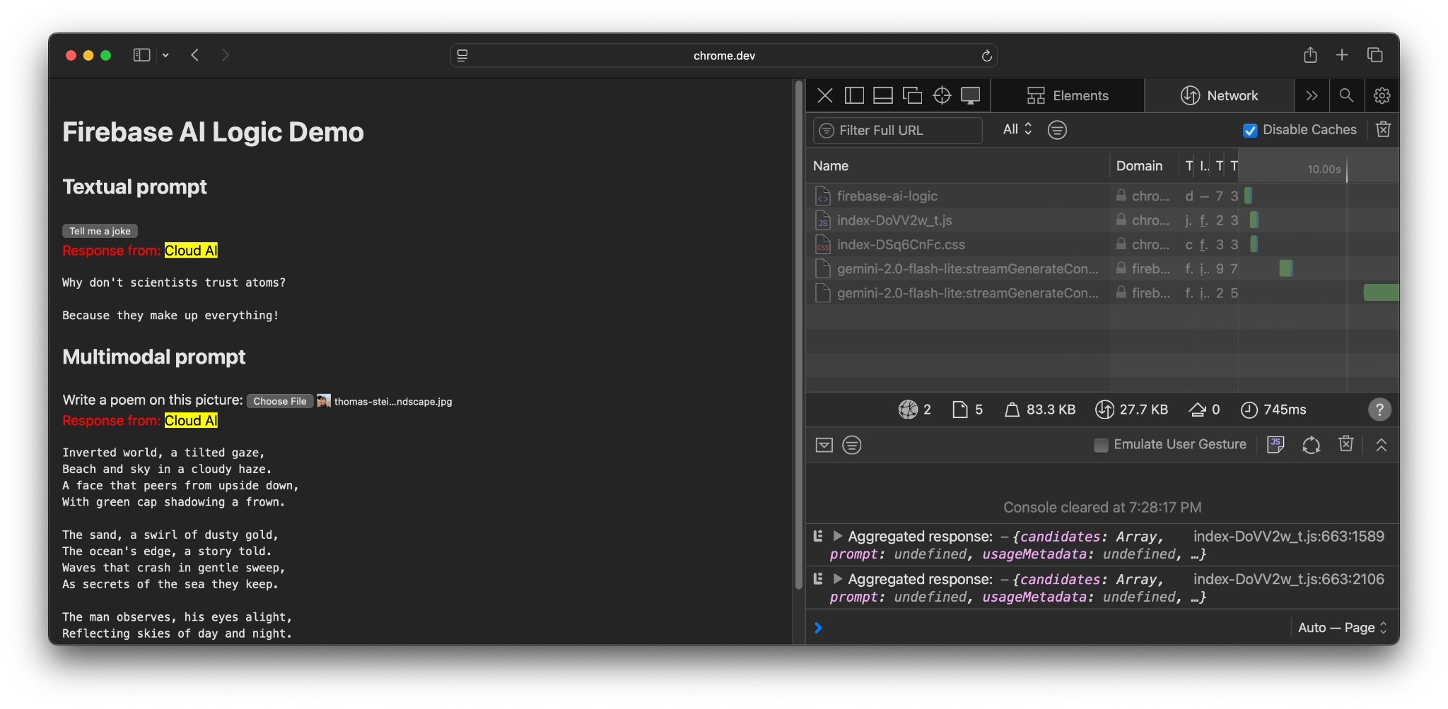 Firebase AI Logic שפועל ב-Safari ושולח בקשה לשרתים של Firebase.