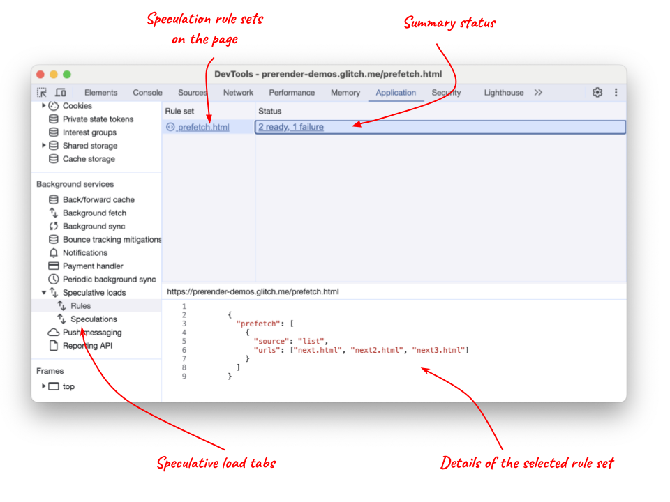 Onglet "Chargement spéculatifs" (outils pour les développeurs Chrome) affichant la règle de préchargement